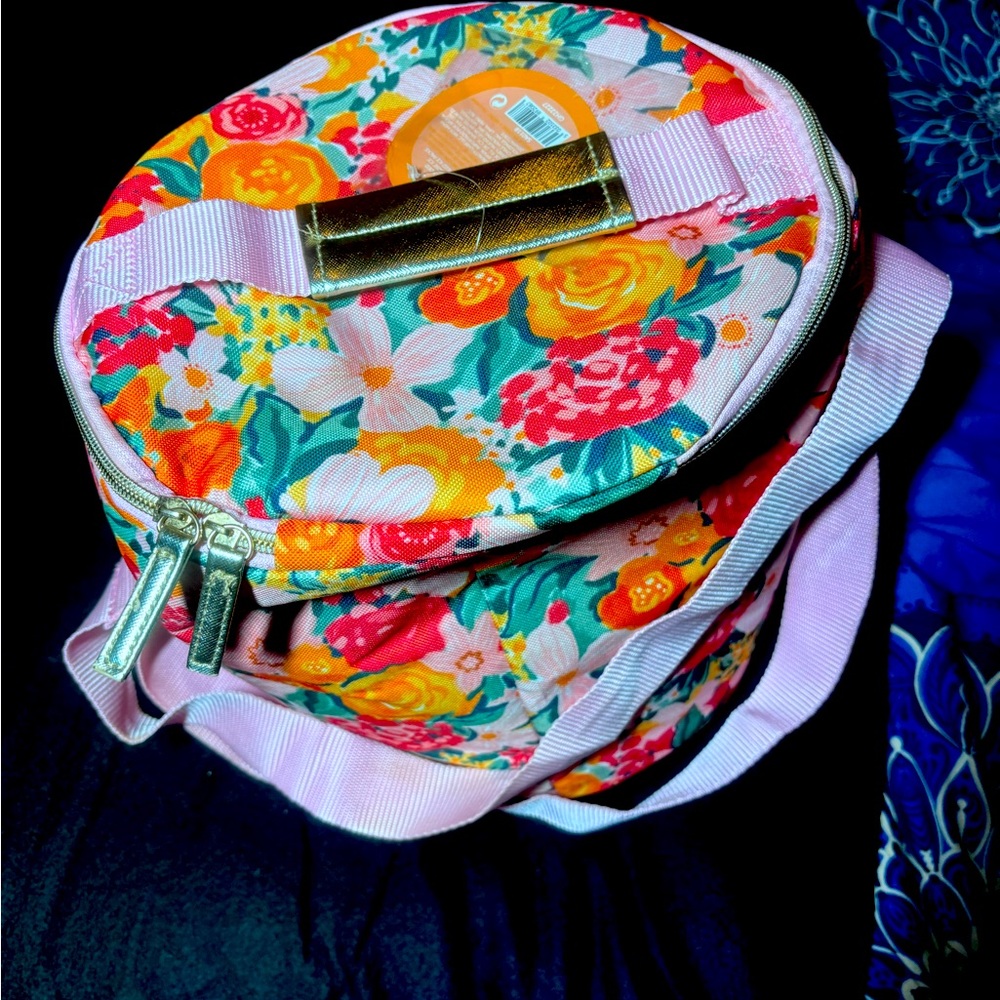 Floral Insulated cooler with Pink Straps and gold trim